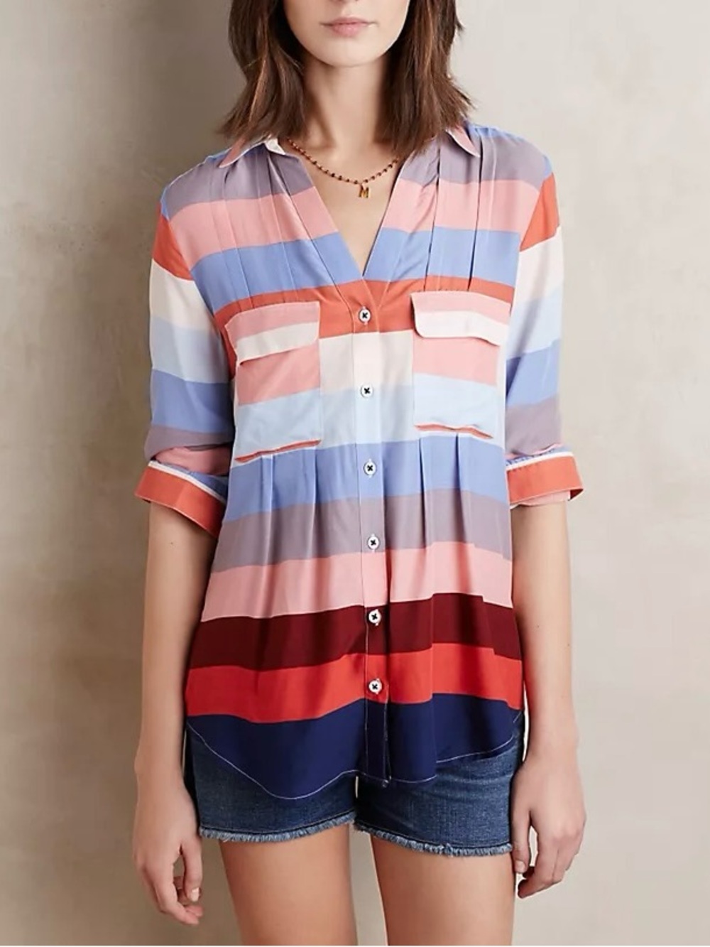 Anthropologie - Maeve Wynwood Colorful Horizontal Stripe Button Down Blouse SZ 4